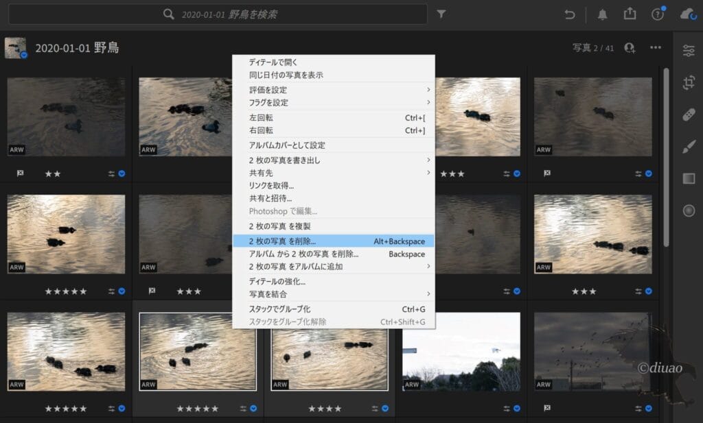 Lightroomの写真を削除する画面
