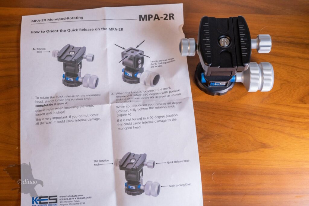 KIRKの一脚用雲台MPA-2R本体と説明書