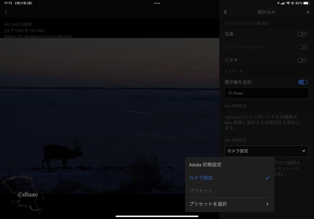 iPad版LightroomのRaw初期設定画面